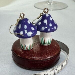 Purple and white cap mushroom earrings
